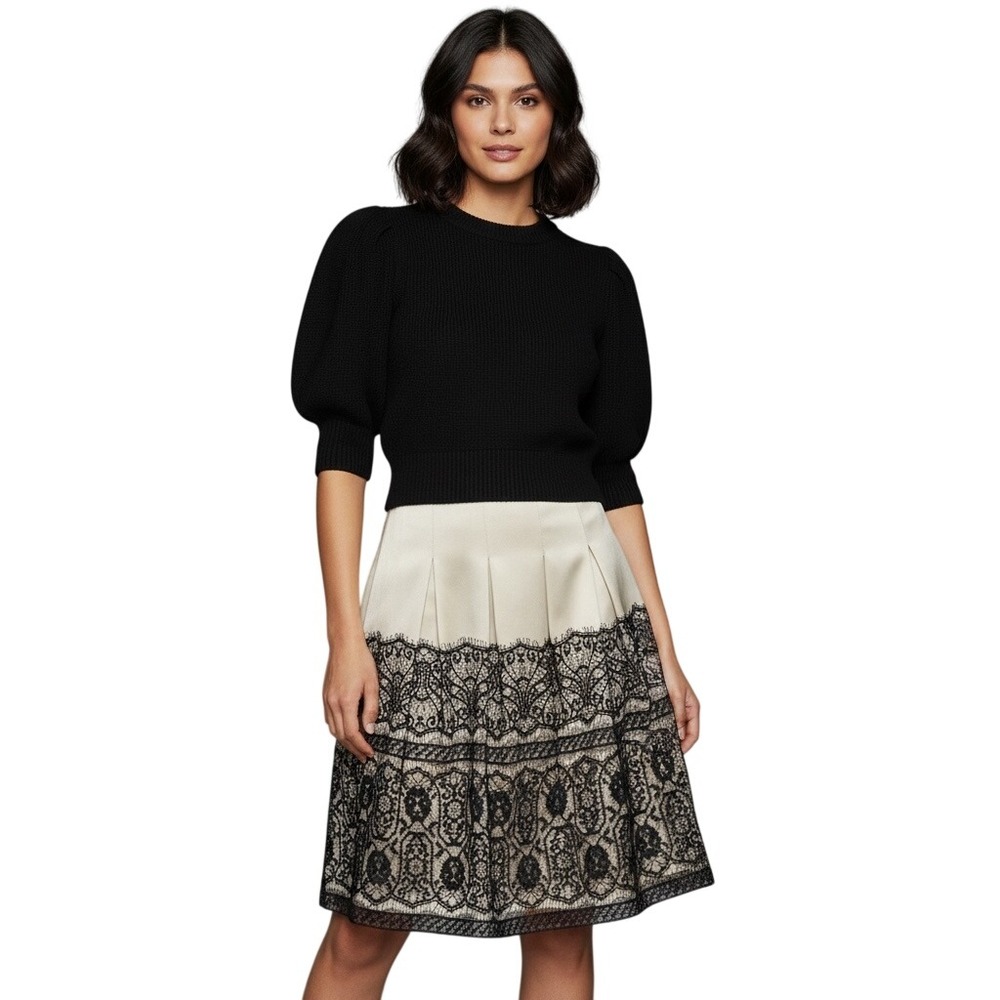 Ann Taylor Ivory Black Lace Pleated Midi Skirt Women‎ Size 6 READ